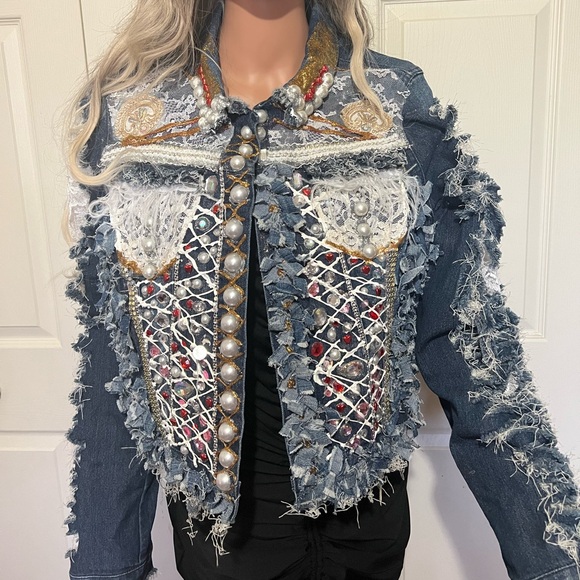 One of a kind women’s jean jacket.
Size Large 
You will definitely get noticed! - Picture 3 of 4